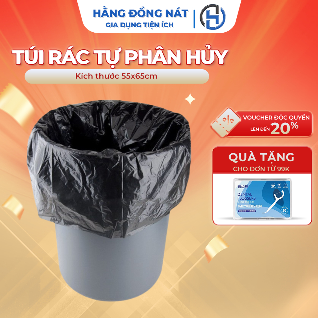 Túi rác tự phân hủy, bao rác đen kích thước lớn 55x65 1 cuộn dày dặn ...