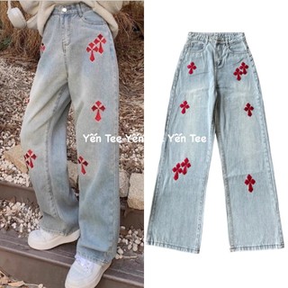 ( Xả kho ) Quần jeans xuông thêu chữ thập đỏ, hình thêu nổi sịn đẹp