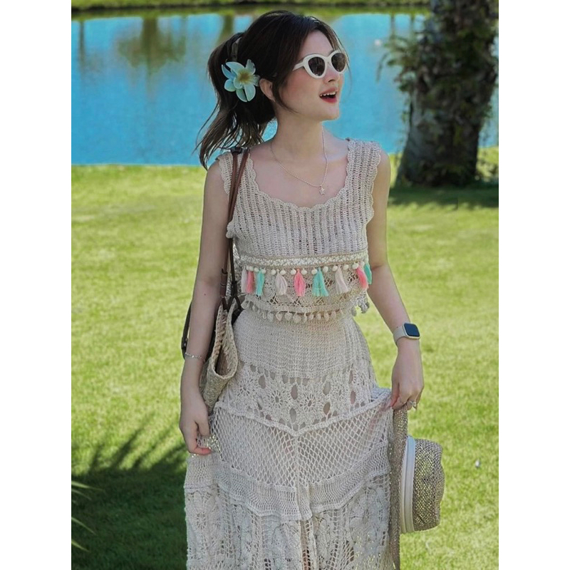 Set ren sợi đi biển nàng thơ 2 món áo croptop kèm chân váy dài A