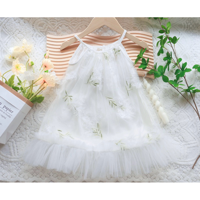 Đầm công chúa ren lưới thêu hoa có lớp lót mềm mịn cực xinh cho bé gái