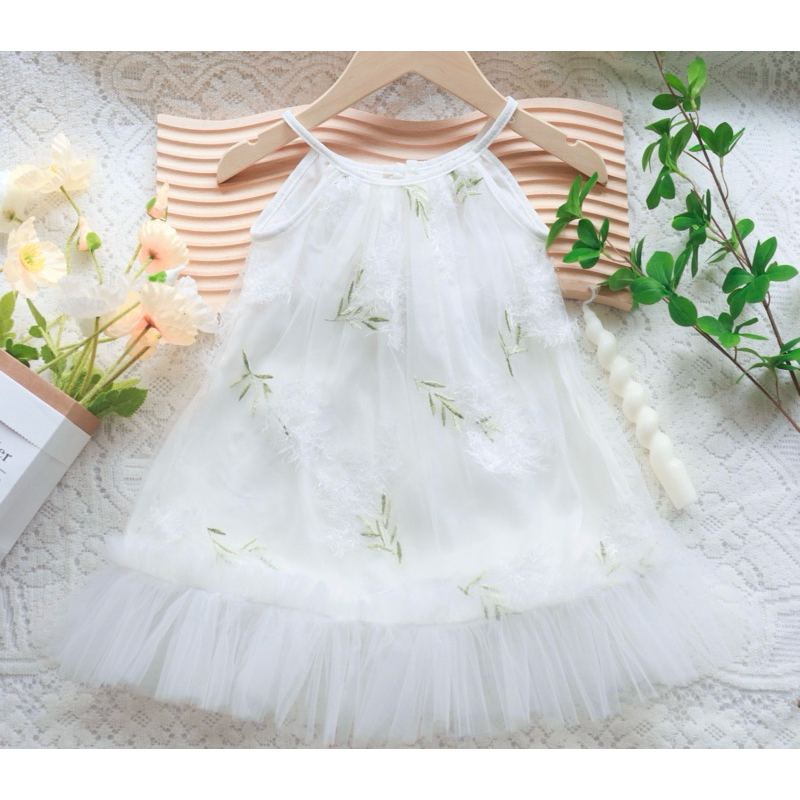 Đầm công chúa ren lưới thêu hoa có lớp lót mềm mịn cực xinh cho bé gái