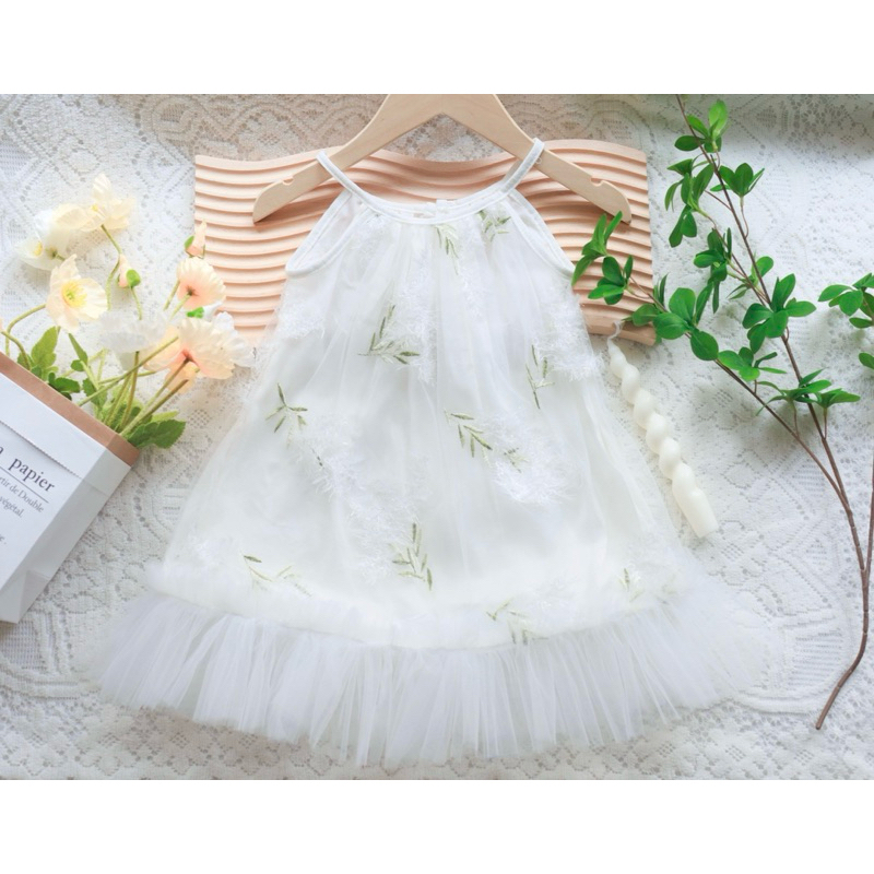 Đầm công chúa ren lưới thêu hoa có lớp lót mềm mịn cực xinh cho bé gái
