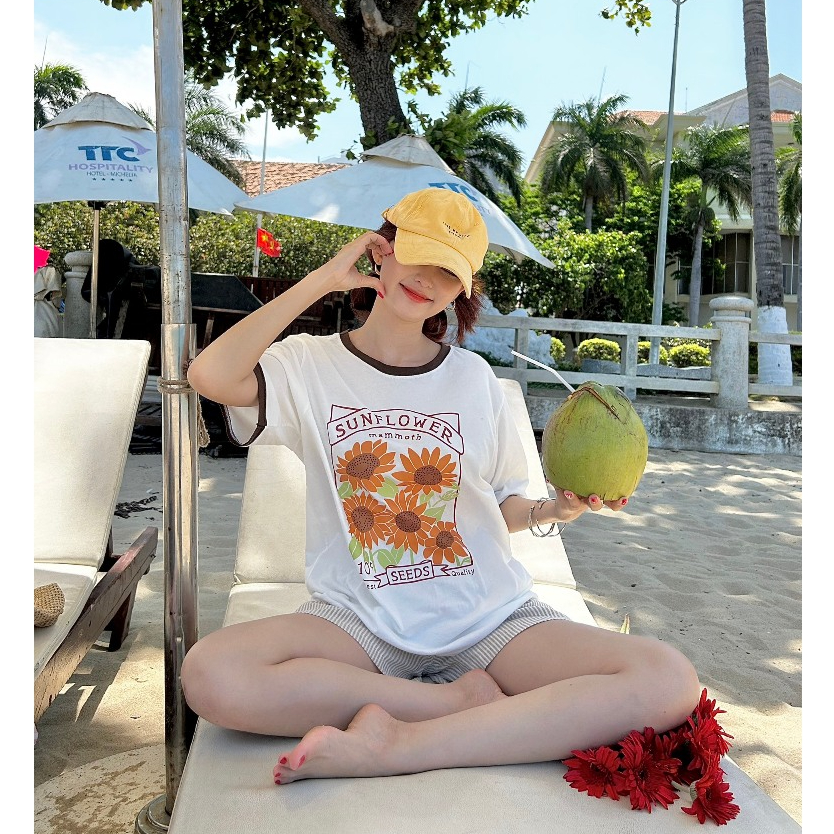 Sét đồ nữ áo ngắn tay in hình, quần đùi linnen JULY, sét bộ, đồ bộ nữ mặc nhà hình hoa hướng dương, mặc đi chơi mát mẻ