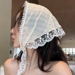 Khăn đội đầu tam giác viền ren trắng khăn turban đi biển kiểu pháp dễ thương
