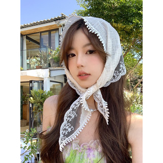 Khăn đội đầu tam giác viền ren trắng khăn turban đi biển kiểu pháp dễ thương
