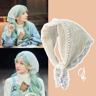 Khăn đội đầu tam giác viền ren trắng khăn turban đi biển kiểu pháp dễ thương