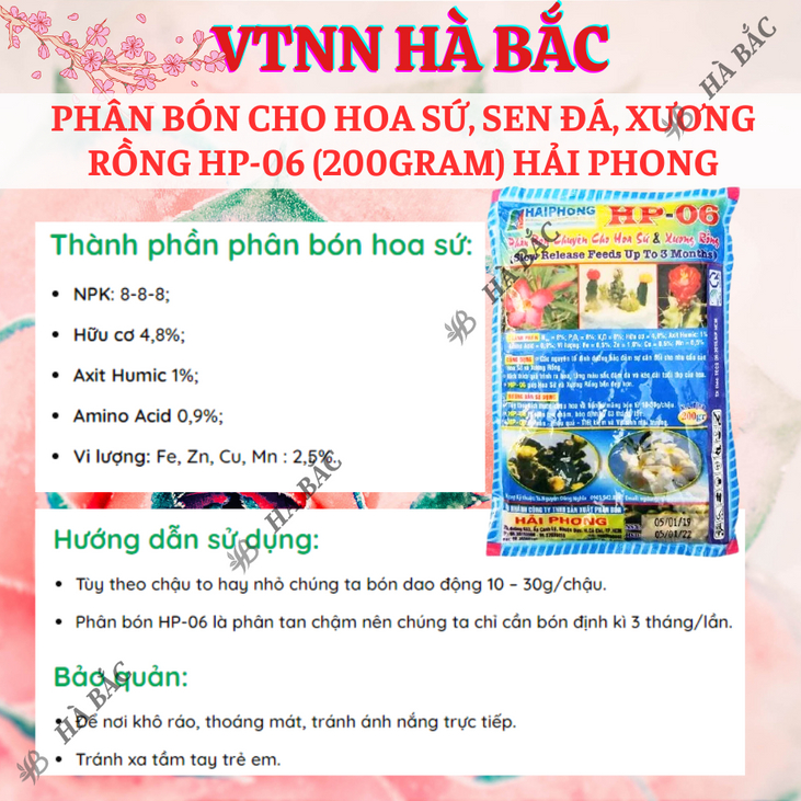 Phân bón cho hoa sứ, sen đá, xương rồng HP-06 gói 200gram Hải Phong, kích thích ra hoa và giúp hoa nở đều