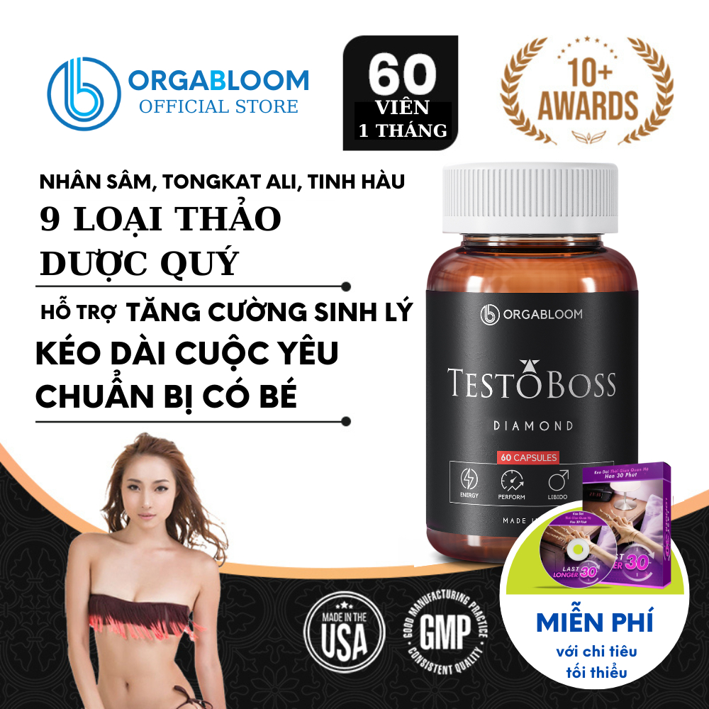 Viên uống Testoboss Usa Tăng cường sinh lý nam với 9 loại thảo mộc quý - Maca Nhân Sâm Tinh Hàu Biển (60v)