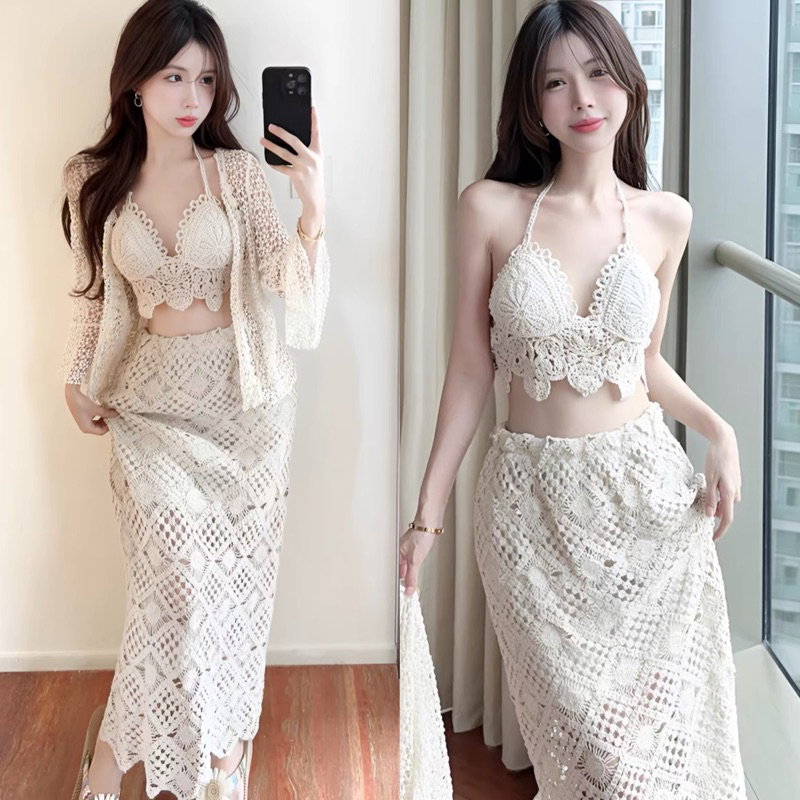 Set bikini len sợi full 3 món đi biển du lịch bra ziczac-chân váy dài và khoác lưới tay loe mặc đi biển du lịch