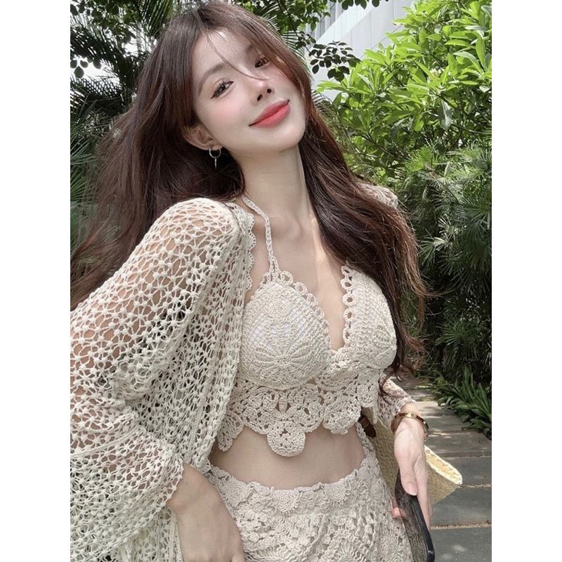 Set bikini len sợi full 3 món đi biển du lịch bra ziczac-chân váy dài và khoác lưới tay loe mặc đi biển du lịch