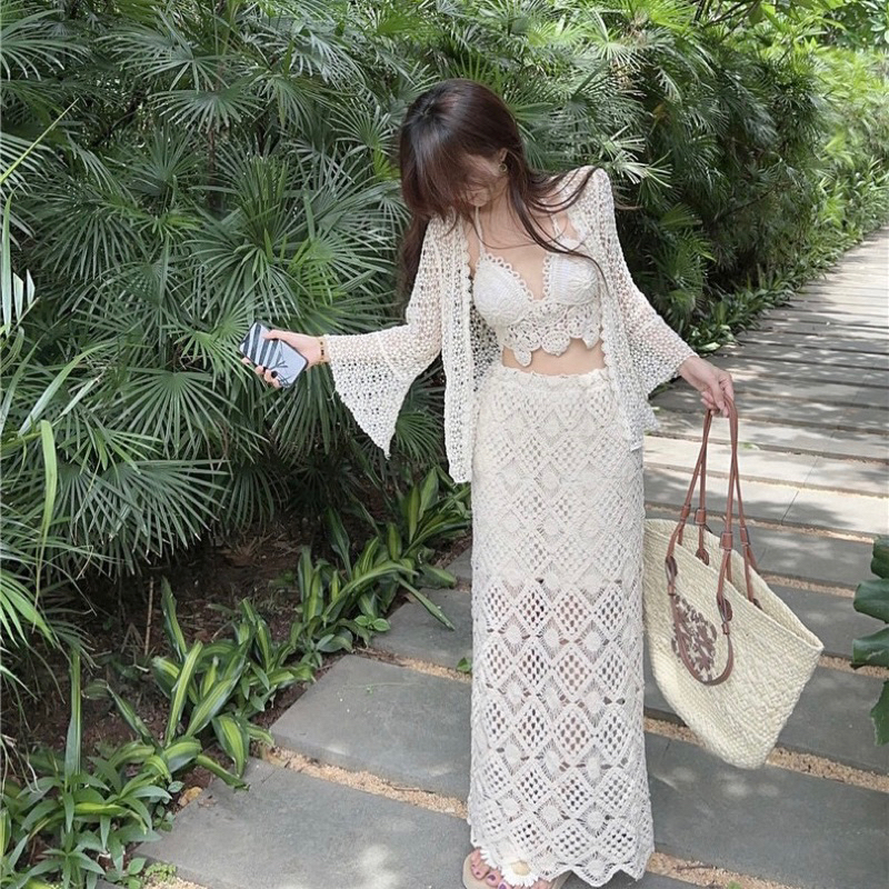 Set bikini len sợi full 3 món đi biển du lịch bra ziczac-chân váy dài và khoác lưới tay loe mặc đi biển du lịch