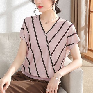 Áo thun ngắn tay sọc mùa hè cho mẹ trung niên 40 tuổi, áo thun ngắn tay mỏng cổ chữ V cho phụ nữ trung niên