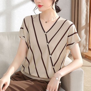 Áo thun ngắn tay sọc mùa hè cho mẹ trung niên 40 tuổi, áo thun ngắn tay mỏng cổ chữ V cho phụ nữ trung niên