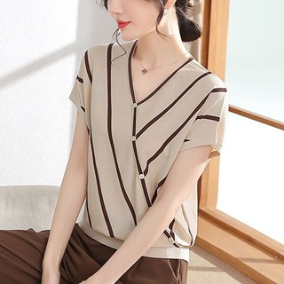 Áo thun ngắn tay sọc mùa hè cho mẹ trung niên 40 tuổi, áo thun ngắn tay mỏng cổ chữ V cho phụ nữ trung niên