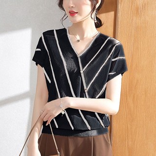 Áo thun ngắn tay sọc mùa hè cho mẹ trung niên 40 tuổi, áo thun ngắn tay mỏng cổ chữ V cho phụ nữ trung niên