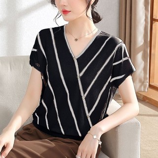 Áo thun ngắn tay sọc mùa hè cho mẹ trung niên 40 tuổi, áo thun ngắn tay mỏng cổ chữ V cho phụ nữ trung niên