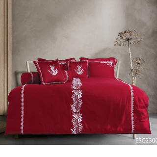 Bộ Drap chăn ga Everon màu đỏ sẫm đám cưới Uyên Ương ESC 23001 họa tiết thêu sang trọng vải 100% cotton