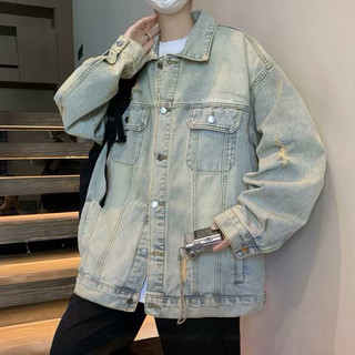 Áo Khoác Jeans Nam Nữ From Rộng, Tông Màu Wash Phối Rách (thêu túi)