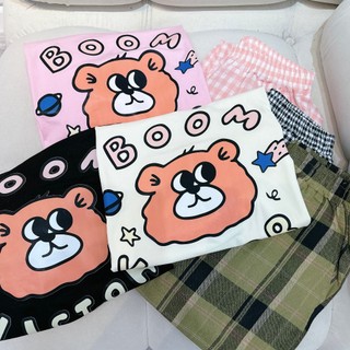 Set Bộ Đồ Nữ Gấu BOOM Áo Phông In Gấu Ngắn Tay Mix Quần Suông Kẻ Caro Freesize