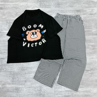 Set Bộ Đồ Nữ Gấu BOOM Áo Phông In Gấu Ngắn Tay Mix Quần Suông Kẻ Caro Freesize