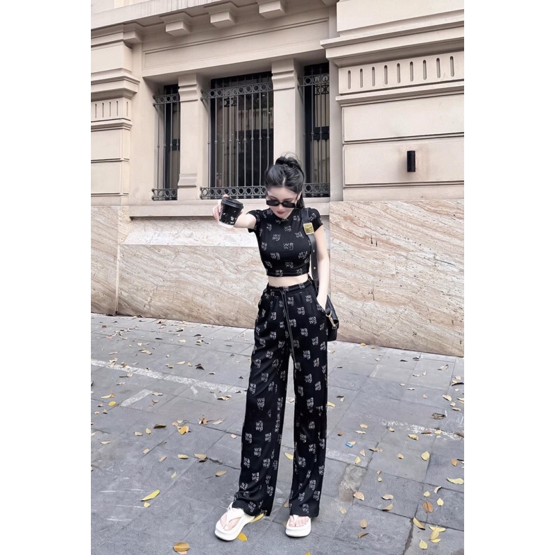 Sét bộ nữ thun tăm lạnh in nhiệt 3D, áo croptop tay ngắn, quần suông dài