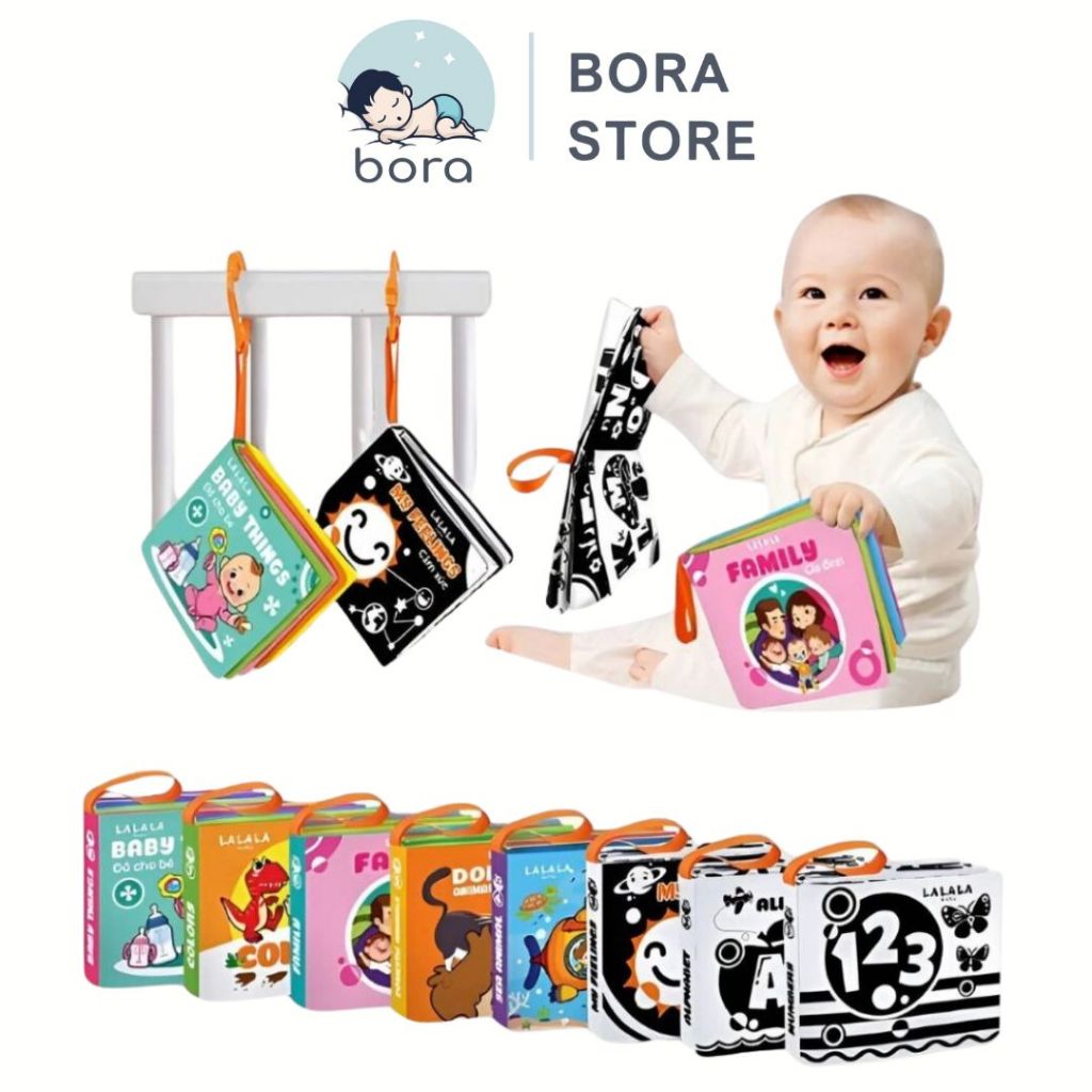 Sách vải mini cho bé, Sách vải song ngữ kích thích giác quan [Kích thước 11x12cm, 8 mặt, an toàn tuyệt đối cho bé]