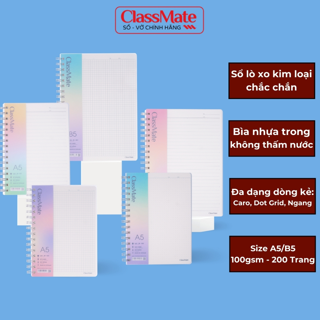 Sổ Tay Ghi Chép 200 Trang Clasmate Sổ Lò Xo 100GSM Dòng Kẻ Ngang/Chấm/Caro Viết Calligraphy Sổ Bullet Journal Bìa Nhựa