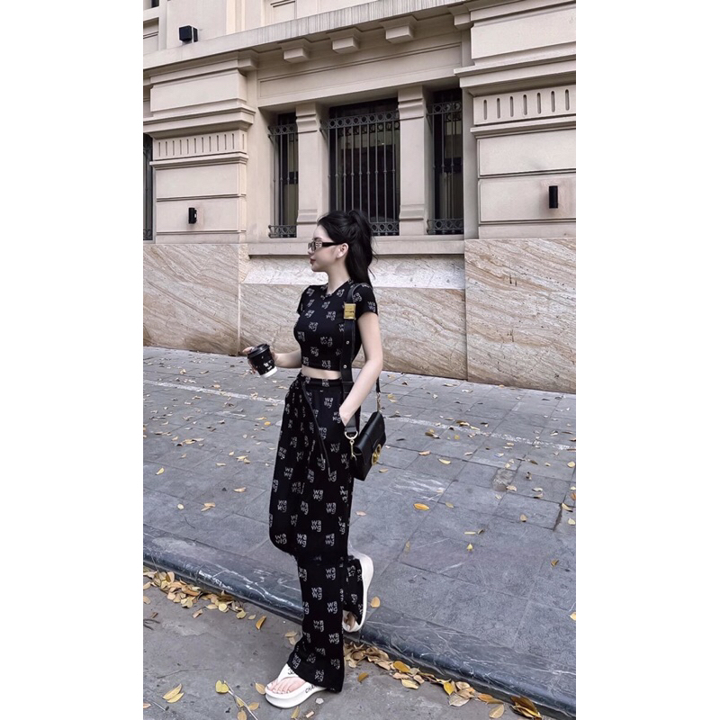 Sét bộ nữ thun tăm lạnh in nhiệt 3D, áo croptop tay ngắn, quần suông dài