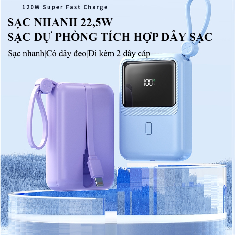 Sạc dự phòng 10000mAh sạc nhanh 22,5W mini cầm tay  tích hợp 2 dây sạc phù hợp với Iphone Samsung Oppo PD01S