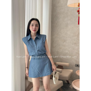[S2.734] Set Kaki Áo Sơmi Tay Hến Độn Vai Cúc Bọc Mix Chân Váy Chữ A Kèm Đai 2 Màu Cá Tính (kèm ảnh thật)
