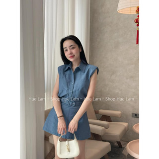 [S2.734] Set Kaki Áo Sơmi Tay Hến Độn Vai Cúc Bọc Mix Chân Váy Chữ A Kèm Đai 2 Màu Cá Tính (kèm ảnh thật)