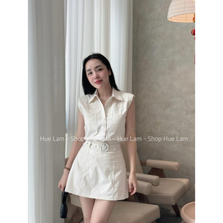 [S2.734] Set Kaki Áo Sơmi Tay Hến Độn Vai Cúc Bọc Mix Chân Váy Chữ A Kèm Đai 2 Màu Cá Tính (kèm ảnh thật)