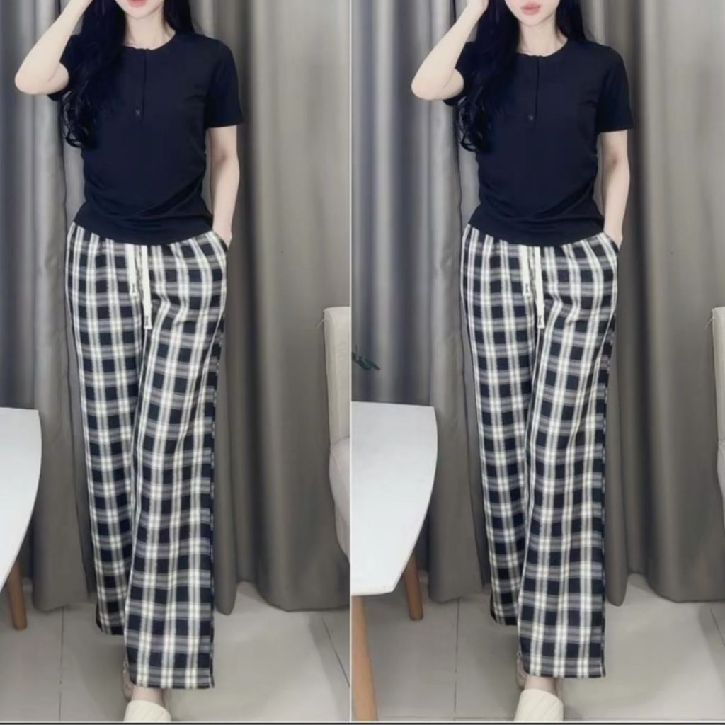 Đồ Bộ Nữ Quần Ống Suông Nữ Cạp Cao Bigsize - Set Bộ Suông Quần Caro Đồ Mặc Nhà Đẹp Dễ Thương DB669