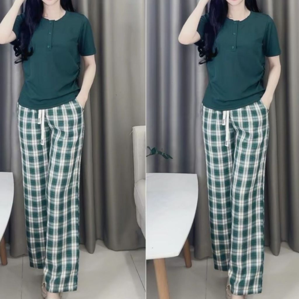 Đồ Bộ Nữ Quần Ống Suông Nữ Cạp Cao Bigsize - Set Bộ Suông Quần Caro Đồ Mặc Nhà Đẹp Dễ Thương DB669