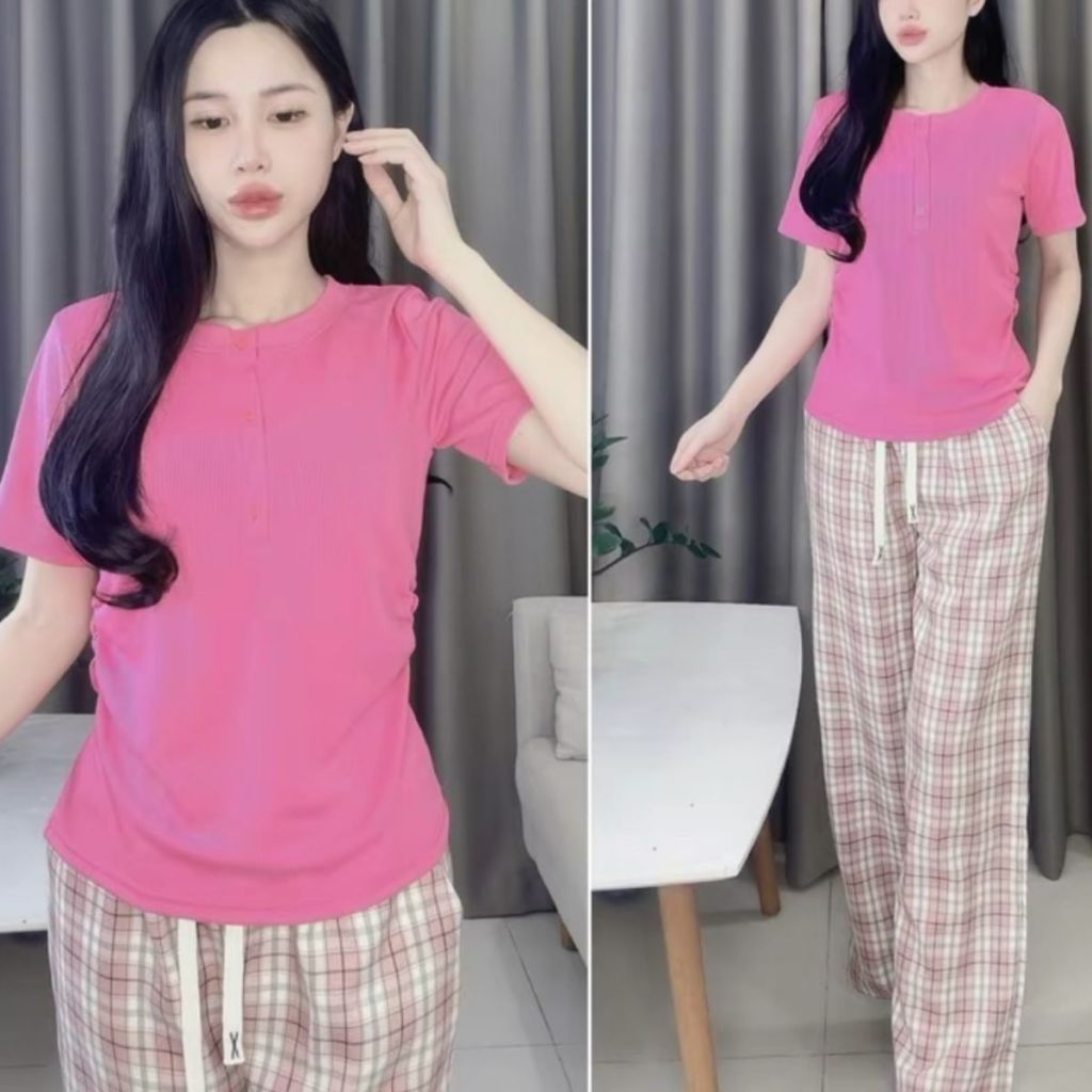 Đồ Bộ Nữ Quần Ống Suông Nữ Cạp Cao Bigsize - Set Bộ Suông Quần Caro Đồ Mặc Nhà Đẹp Dễ Thương DB669