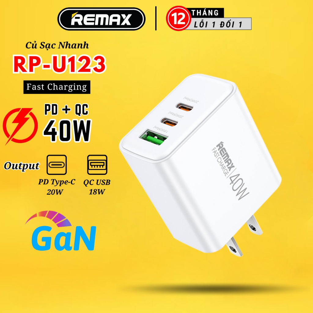 Củ sạc nhanh 3 cổng 40W Remax RP-U123 sạc đầy 50% pin trong 30 phút ...
