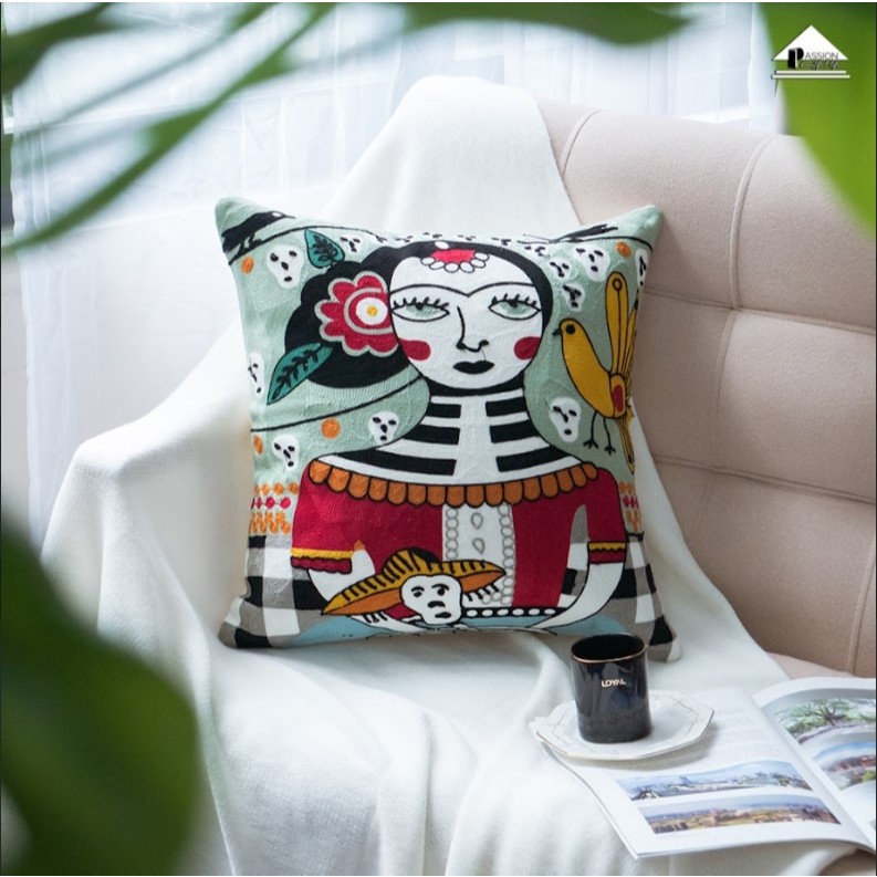 Vỏ Gối Tựa Lưng Trang Trí Sofa Phòng Khách Linen Thêu Cô Gái & Tranh Van Gogh