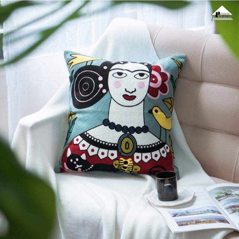 Vỏ Gối Tựa Lưng Trang Trí Sofa Phòng Khách Linen Thêu Cô Gái & Tranh Van Gogh