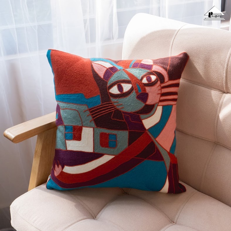 Vỏ Gối Tựa Lưng Trang Trí Sofa Phòng Khách Linen Thêu Cô Gái & Tranh Van Gogh