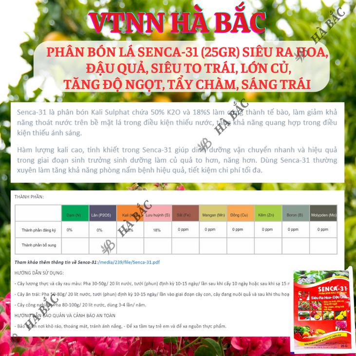 Phân bón lá SENCA-31 Kali Sulphat (25gram) siêu ra hoa, đậu quả, siêu to trái, lớn củ, tăng độ ngọt