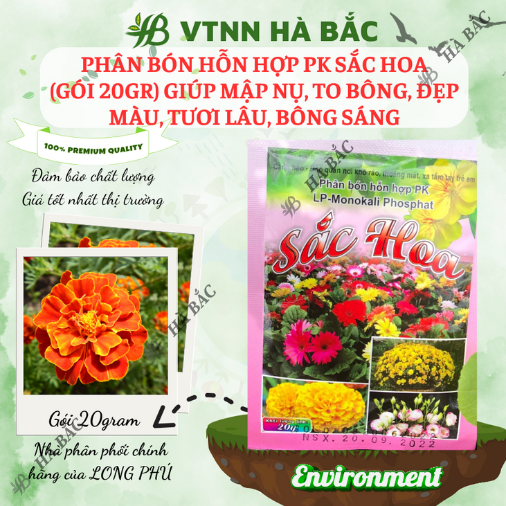 Phân bón hỗn hợp PK sắc hoa (gói 20gram) Long Phú giúp mập nụ to bông, đẹp màu tươi lâu, bông sáng