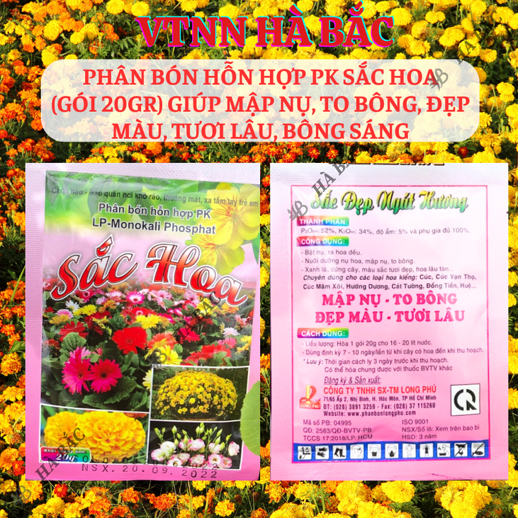 Phân bón hỗn hợp PK sắc hoa (gói 20gram) Long Phú giúp mập nụ to bông, đẹp màu tươi lâu, bông sáng