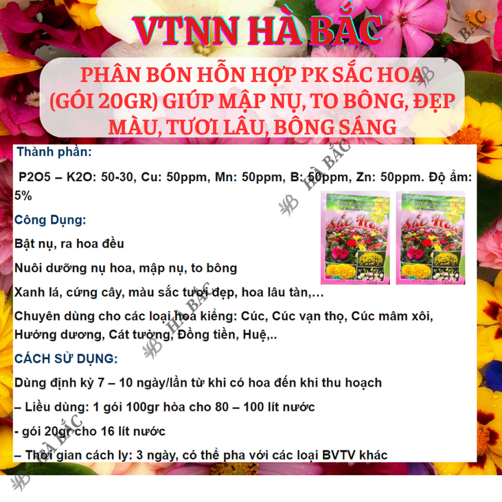 Phân bón hỗn hợp PK sắc hoa (gói 20gram) Long Phú giúp mập nụ to bông, đẹp màu tươi lâu, bông sáng