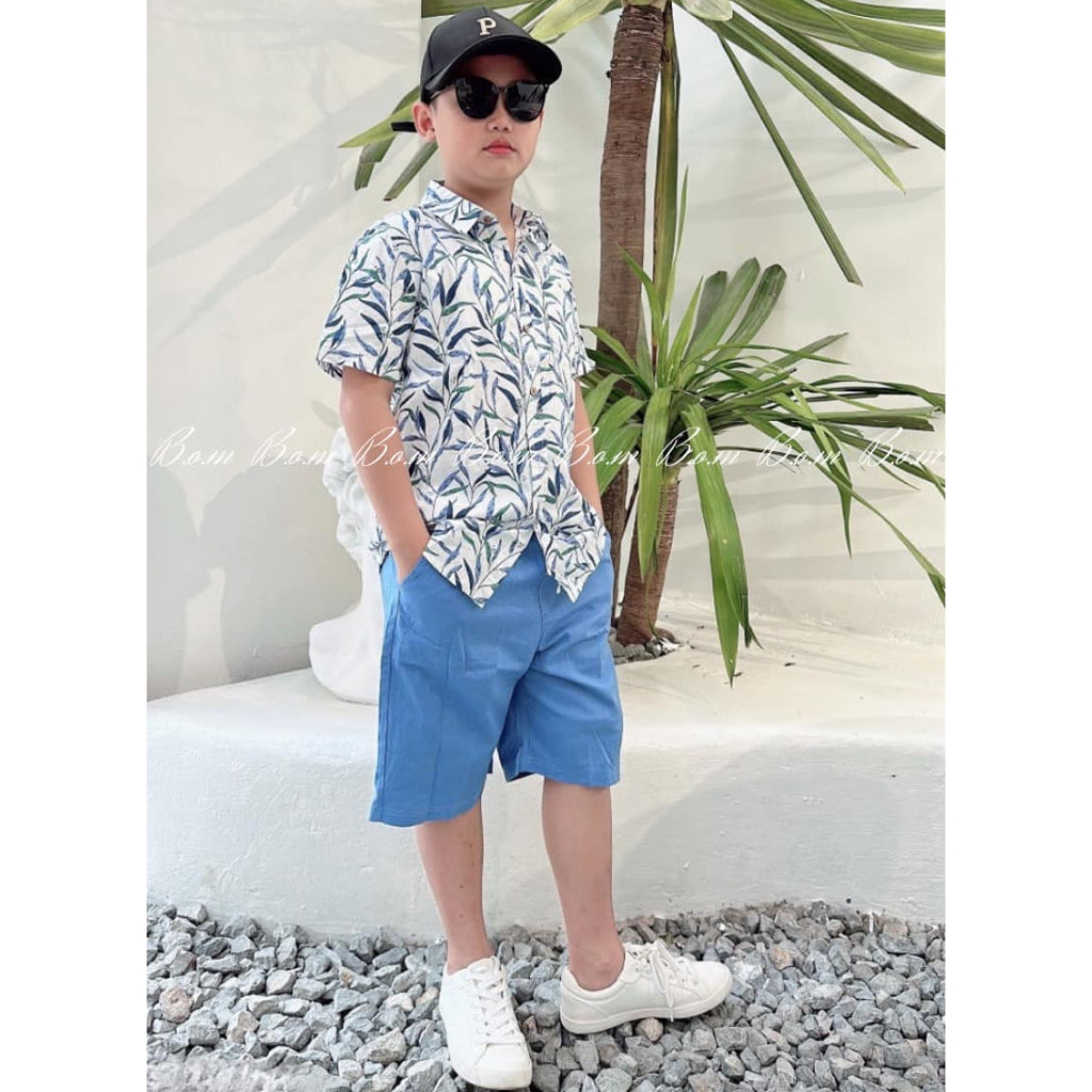 (8-42kg) Bộ đồ đi biển bé trai 1-15 tuổi Áo sơ mi thô hoạ tiết hoa lá cành quần sooc đũi B.O.M