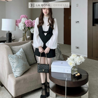 Set Váy Yếm Dáng Ngắn Tiểu Thư La Rosa Áo Sơ Mi Chất Tơ Xốp Mềm, Yếm Đính Nơ Tạo Điểm Nhấn Xinh S587