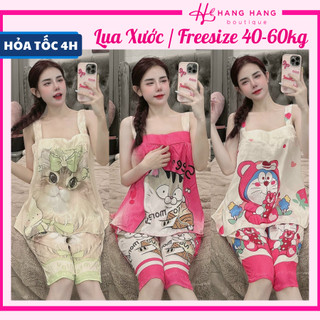 Đồ ngủ nữ 40-60kg, đồ ngủ 2 dây bản to quần lửng lụa xước mềm mát 60LS01, đồ bộ nữ đồ mặc nhà dễ thương
