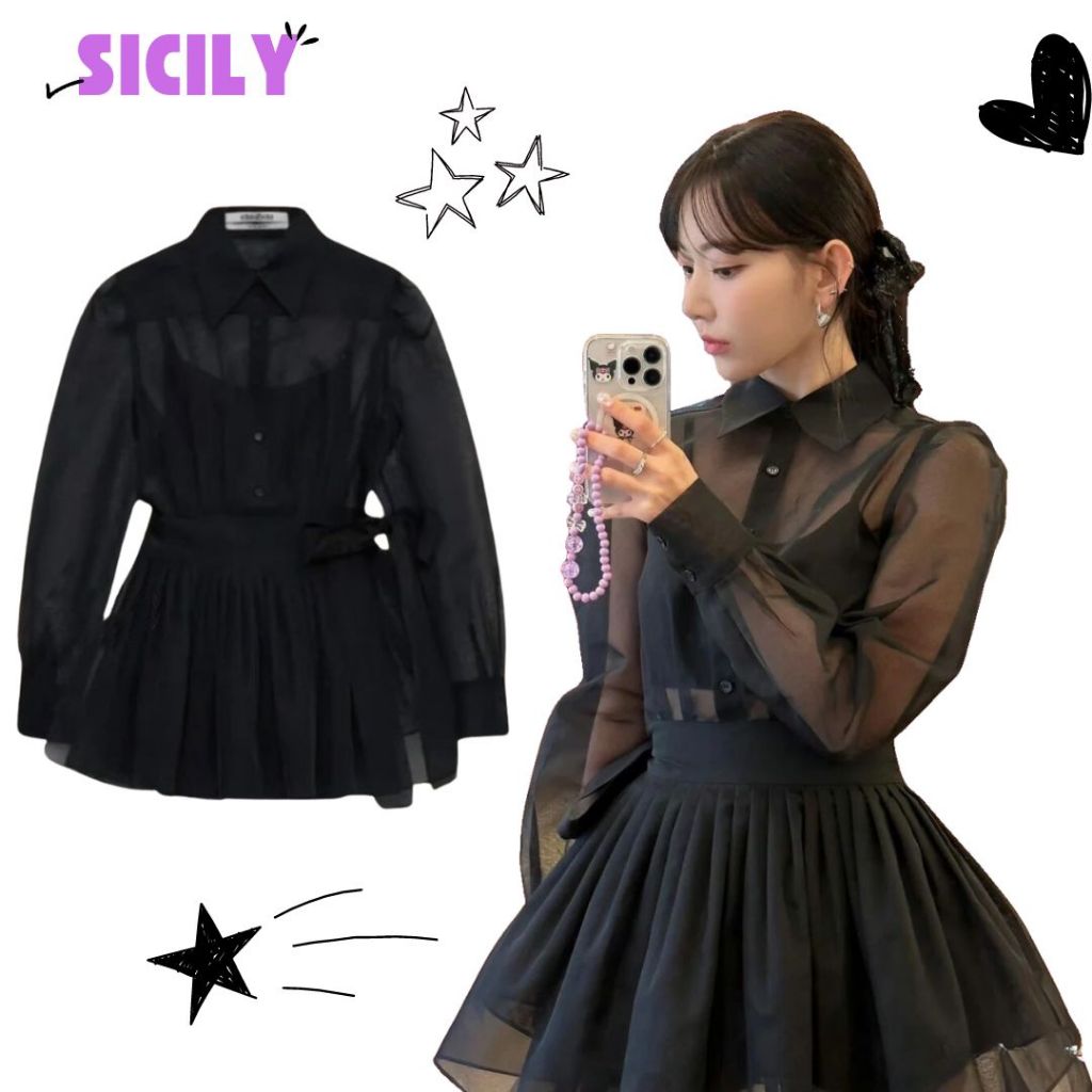 Set sơ mi chân váy xếp ly xuyên thấu Sicily XT501