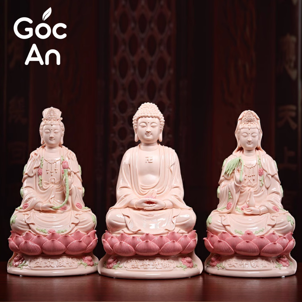 Bộ Tượng Tam Thánh Gốm Sứ Men Hồng Cao Cấp, Tượng Quan Thế Âm Bồ Tát, Tượng Phật A Di Đà, Tượng Đại Thế Chí