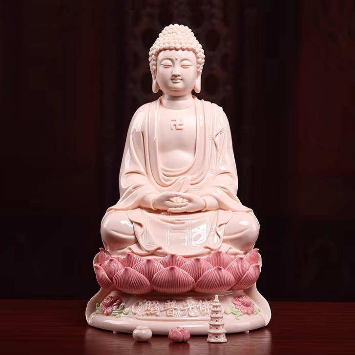 Bộ Tượng Tam Thánh Gốm Sứ Men Hồng Cao Cấp, Tượng Quan Thế Âm Bồ Tát, Tượng Phật A Di Đà, Tượng Đại Thế Chí