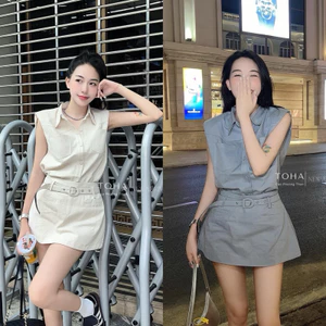 Set Kaki Áo Sơmi Tay Hến Độn Vai Cúc Bọc Mix Chân Váy Chữ A Kèm Đai 2 Màu Cá Tính (kèm ảnh thật)